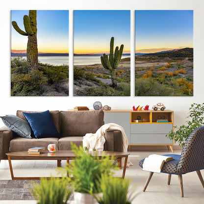 52844711-MGV-CV-36X24-Saguaro Cactus Wall Art Canvas Print, Framed Desert Sunset Art Picture Print, Southwestern Scene Perfect Southwestern Rustic Decor