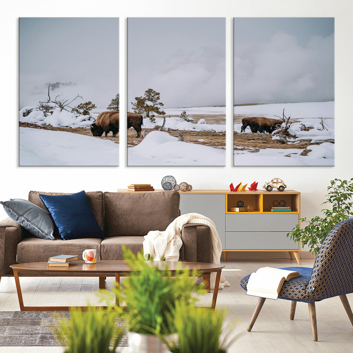 60308289-MGV-CV-36X24-Bison Wildlife Wall Art Canvas Print, Framed Snowy Prairie Art Picture Print, Western Landscape Perfect Rustic Winter Decor