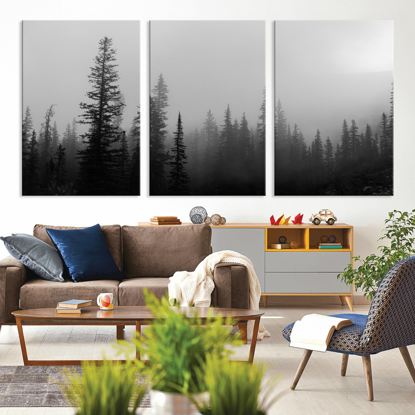 73138900-MGV-CV-36X24-Misty Pines Wall Art Canvas Print, Framed Woodland Photography Art Picture Print, Minimalist Decor Perfect Modern Rustic Decor