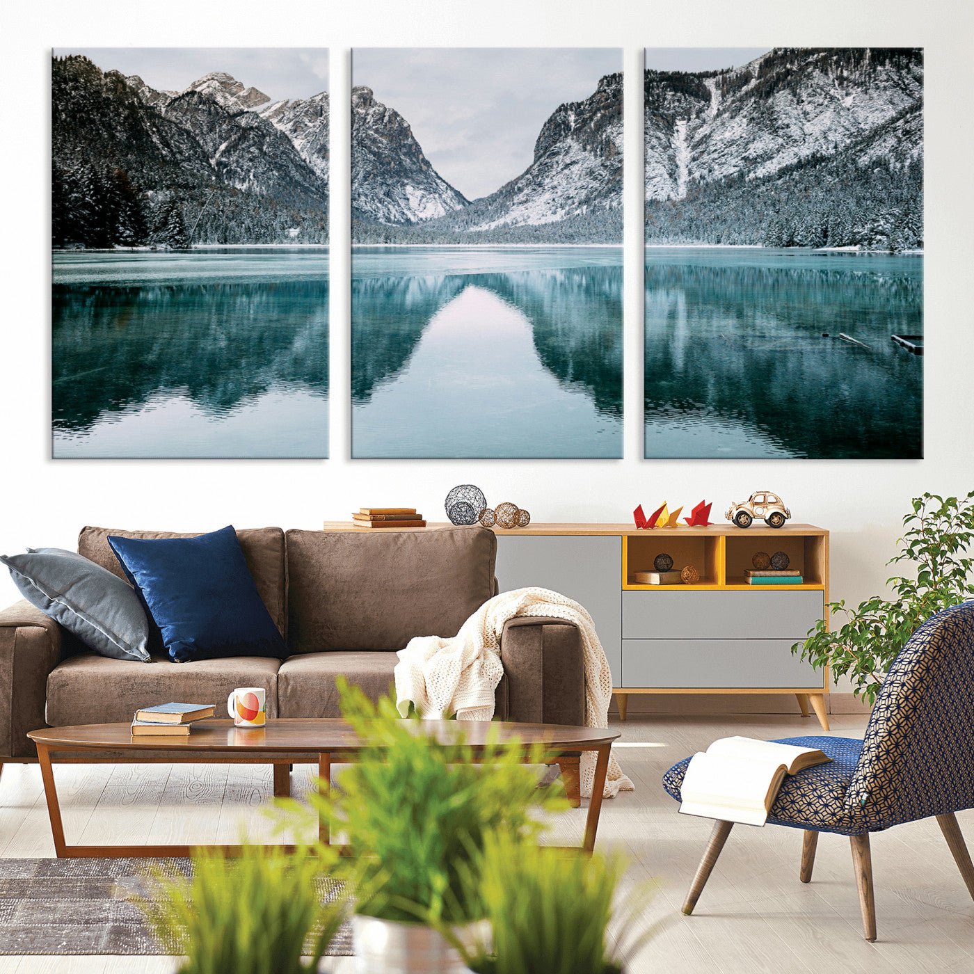 73098373-MGV-CV-36X24-Mountain Lake Wall Art Canvas Print, Framed Winter Wonderland Art Picture Print, Snowy Peaks Perfect Modern Nature Decor Artwork