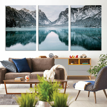 73098373-MGV-CV-36X24-Mountain Lake Wall Art Canvas Print, Framed Winter Wonderland Art Picture Print, Snowy Peaks Perfect Modern Nature Decor Artwork