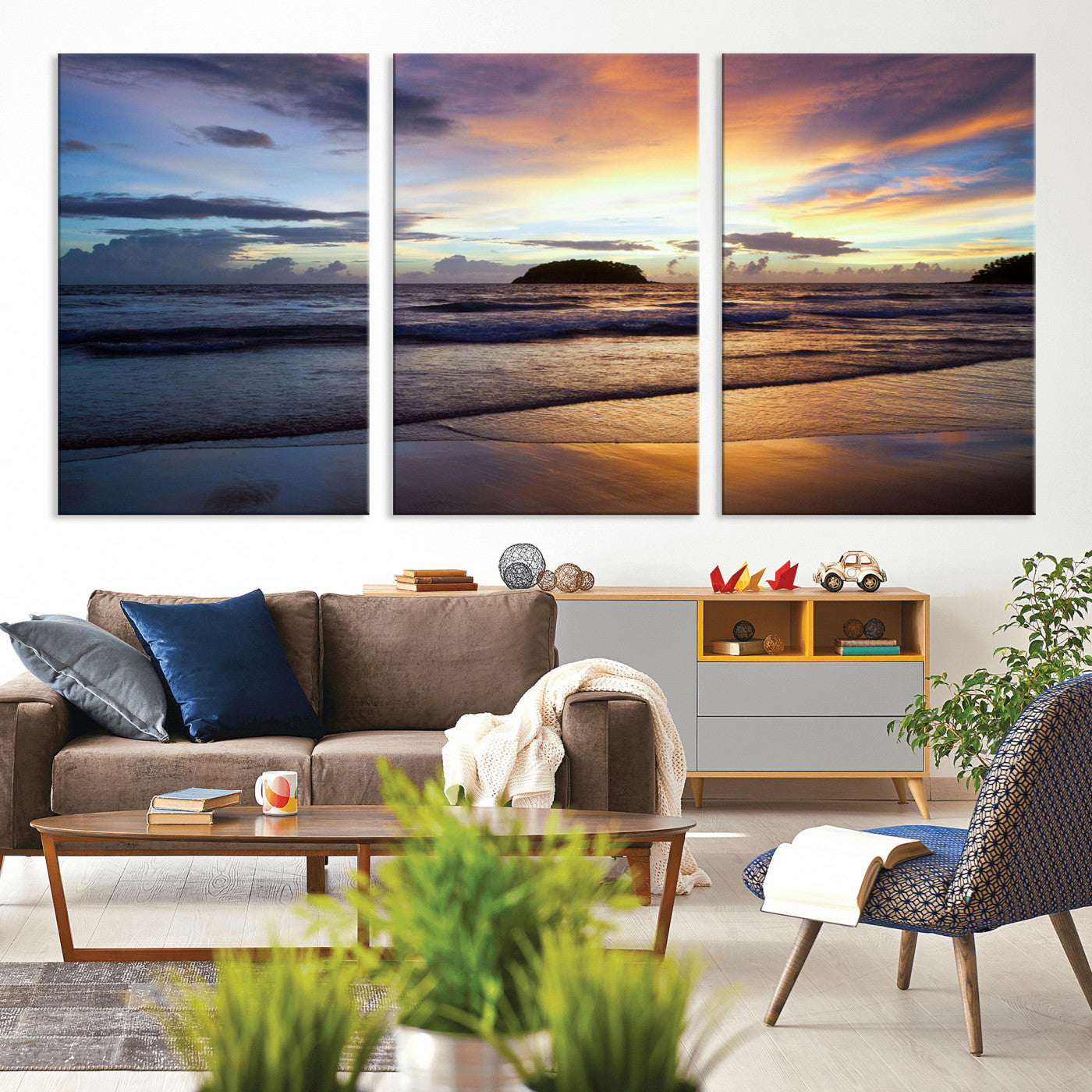 36714356-MGV-CV-60X30-3P-Beach Sunset Wall Art Canvas Print, Framed Ocean Waves Art Picture Print, Tropical Seascape Perfect Coastal Serenity Decor Artwork