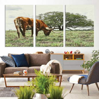 91866234-MGV-CV-36X24-Texas Longhorn Wall Art Canvas Print, Framed Rustic Ranch Art Picture Print, Western Cattle Perfect Rustic Farmhouse Decor Artwork