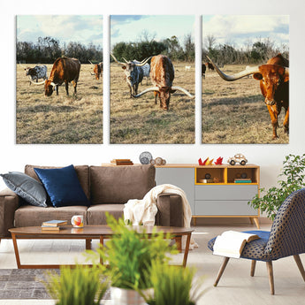 39144651-MGV-CV-36X24-Texas Longhorns Wall Art Canvas Print, Framed Rustic Farm Scene Art Picture Print, Western Cattle Perfect Rustic Farmhouse Decor
