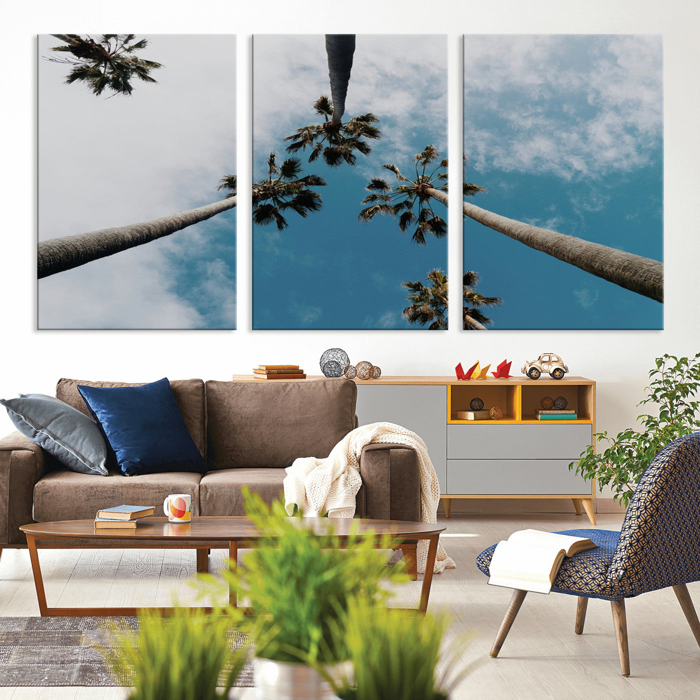 45236398-MGV-CV-36X24-Tropical Palm Trees Wall Art Canvas Print, Framed California Sky Art Picture Print, Minimalist Nature Perfect Coastal Minimalist