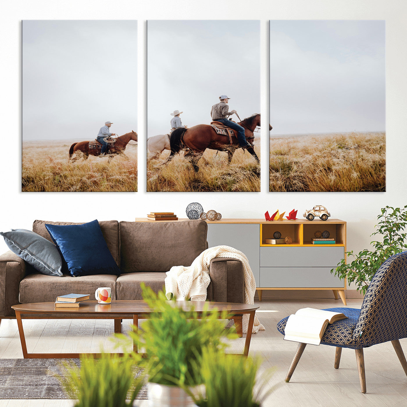 94723307-MGV-CV-36X24-Western Cowboys Wall Art Canvas Print, Framed Rustic Prairie Art Picture Print, Horseback Riding Perfect Rustic Western Decor