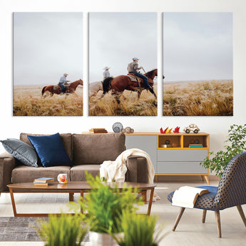 94723307-MGV-CV-36X24-Western Cowboys Wall Art Canvas Print, Framed Rustic Prairie Art Picture Print, Horseback Riding Perfect Rustic Western Decor