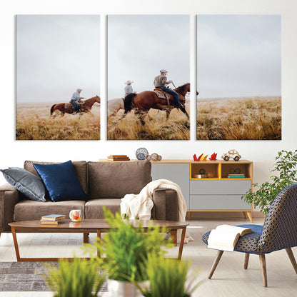 94723307-MGV-CV-36X24-Western Cowboys Wall Art Canvas Print, Framed Rustic Prairie Art Picture Print, Horseback Riding Perfect Rustic Western Decor