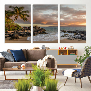 55108220-MGV-CV-36X24-Tropical Beach Wall Art Canvas Print, Framed Hawaiian Sunset Art Picture Print, Ocean Waves Perfect Coastal Tropical Decor Artwork