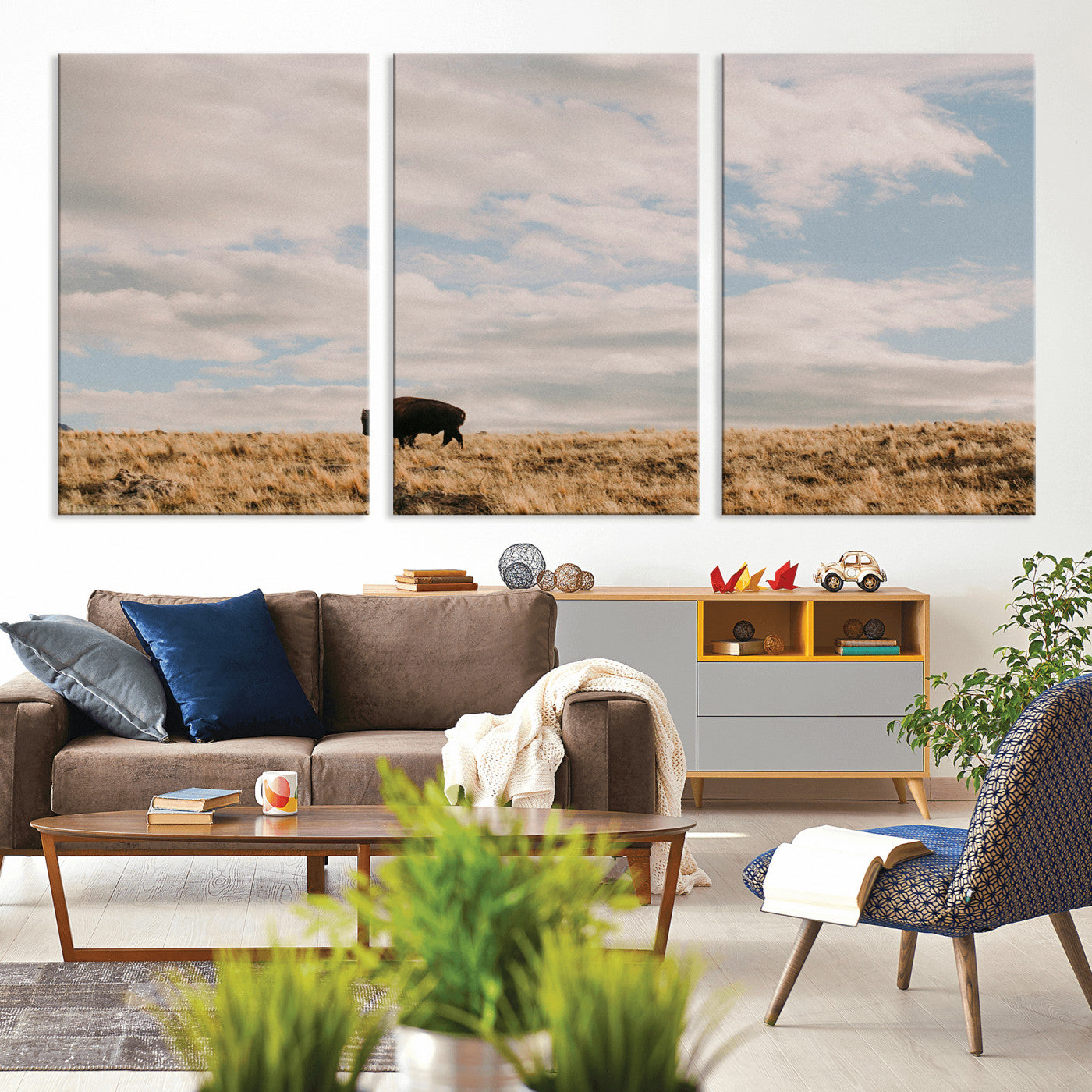 22754563-MGV-CV-36X24-Earthy Tones Wall Art Canvas Print, Framed Rustic Nature Art Picture Print, Solitary Buffalo Perfect Western Minimalist Decor