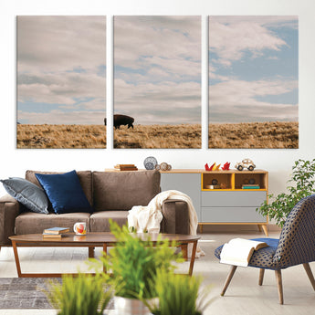 22754563-MGV-CV-36X24-Earthy Tones Wall Art Canvas Print, Framed Rustic Nature Art Picture Print, Solitary Buffalo Perfect Western Minimalist Decor
