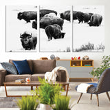 18914414-MGV-CV-36X24-Buffalo Herd Wall Art Canvas Print, Framed Black and White Art Picture Print, Snowy Landscape Perfect Rustic Lodge Decor Decor