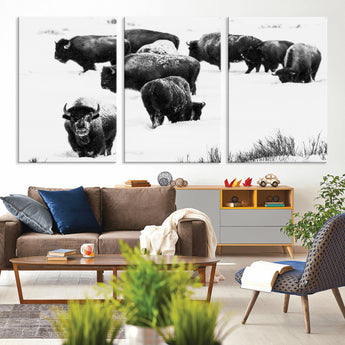 18914414-MGV-CV-36X24-Buffalo Herd Wall Art Canvas Print, Framed Black and White Art Picture Print, Snowy Landscape Perfect Rustic Lodge Decor Decor