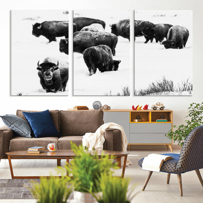 18914414-MGV-CV-36X24-Buffalo Herd Wall Art Canvas Print, Framed Black and White Art Picture Print, Snowy Landscape Perfect Rustic Lodge Decor Decor
