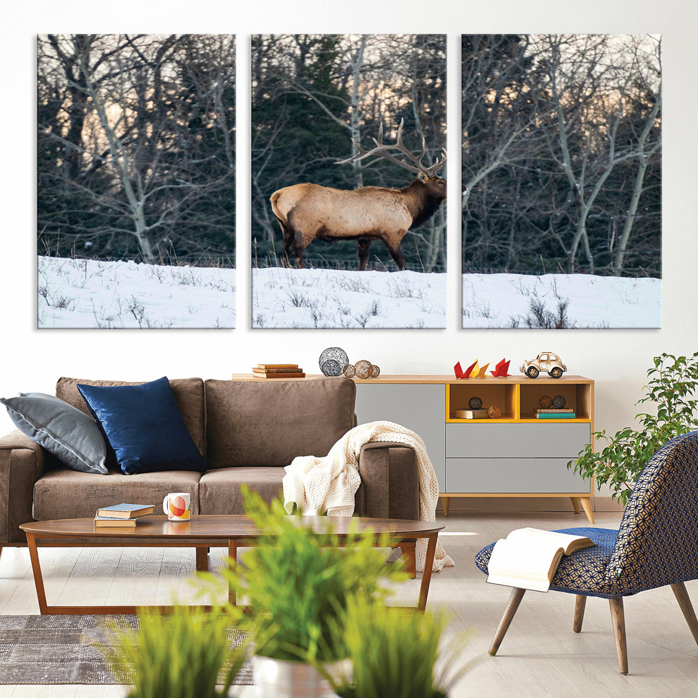 36533178-MGV-CV-36X24-Wild Elk Photography Wall Art Canvas Print, Framed Winter Wildlife Art Picture Print, Snowy Forest Perfect Rustic Lodge Decor