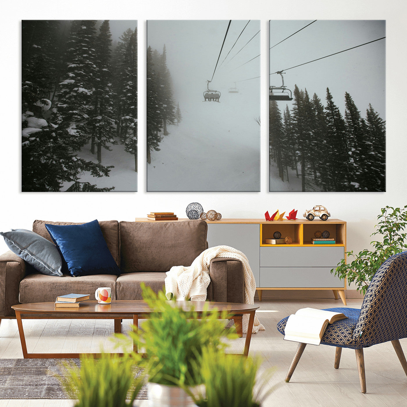 87018452-MGV-CV-36X24-Ski Lift Wall Art Canvas Print, Framed Snowy Pines Art Picture Print, Misty Landscape Perfect Winter Serenity Decor Artwork