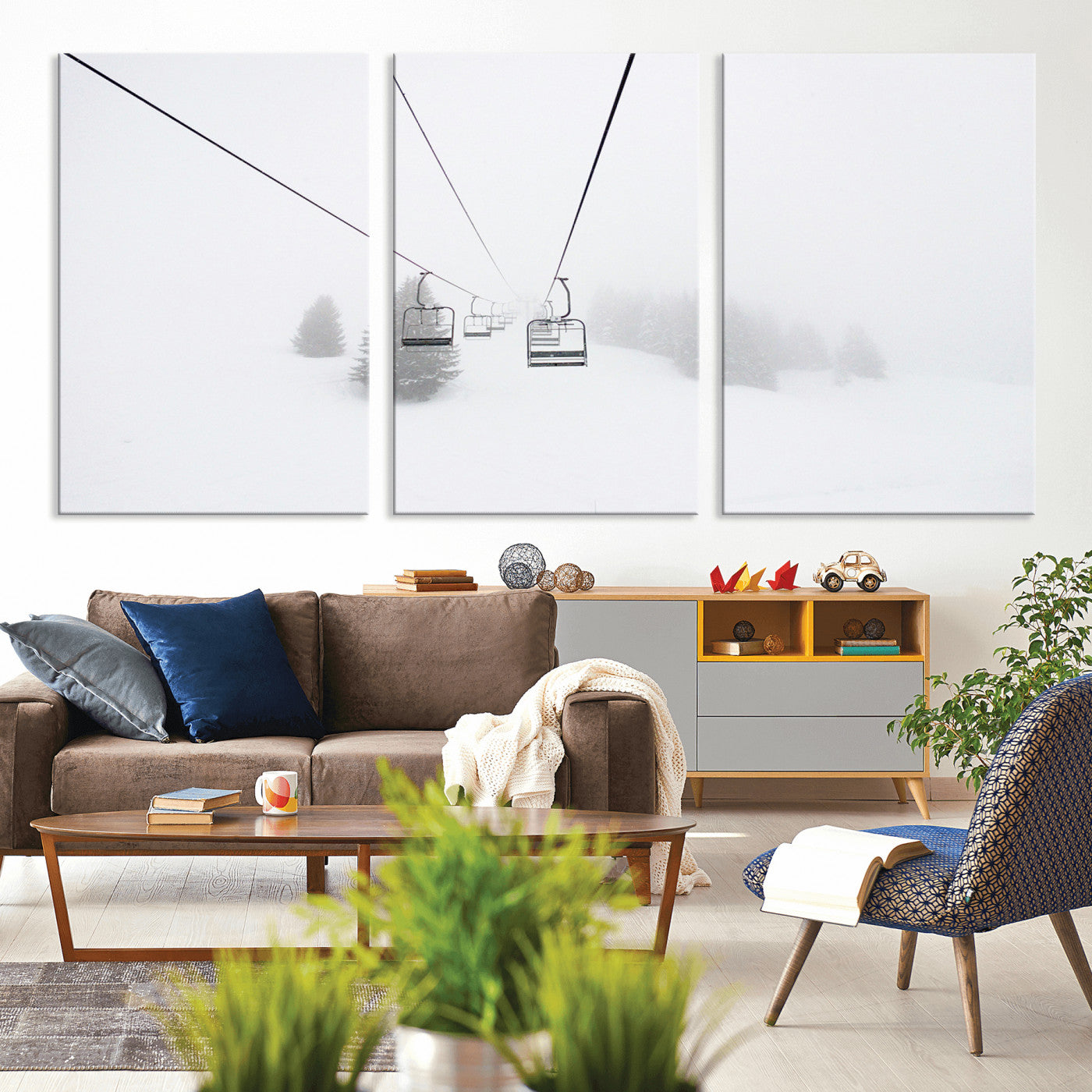 20216390-MGV-CV-36X24-Ski Lift Wall Art Canvas Print, Framed Snowy Landscape Art Picture Print, Alpine Adventure Perfect Nordic Minimalist Decor Artwork