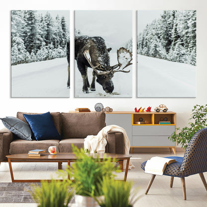 13316292-MGV-CV-36X24-Moose in Snow Wall Art Canvas Print, Framed Winter Wildlife Art Picture Print, Snowy Forest Scene Perfect Rustic Lodge Decor