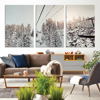 91534512-MGV-CV-36X24-Frosty Pines Wall Art Canvas Print, Framed Cozy Cabin View Art Picture Print, Ski Lift Ride Perfect Rustic Lodge Decor Artwork
