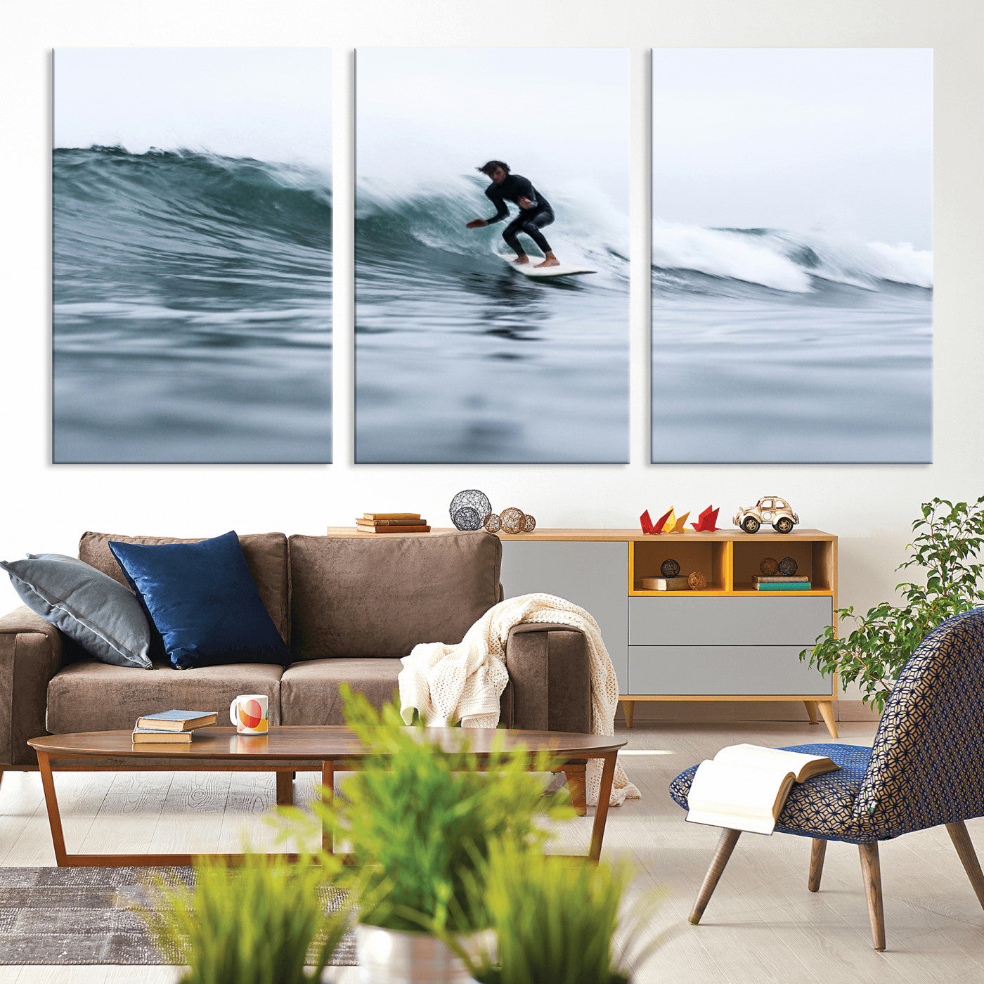 11693607-MGV-CV-36X24-Surfer on Wave Wall Art Canvas Print, Framed Ocean Adventure Art Picture Print, Motion Blur Water Perfect Coastal Adventure Decor