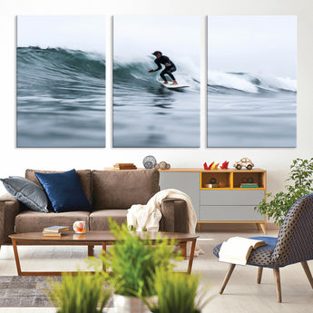 11693607-MGV-CV-36X24-Surfer on Wave Wall Art Canvas Print, Framed Ocean Adventure Art Picture Print, Motion Blur Water Perfect Coastal Adventure Decor