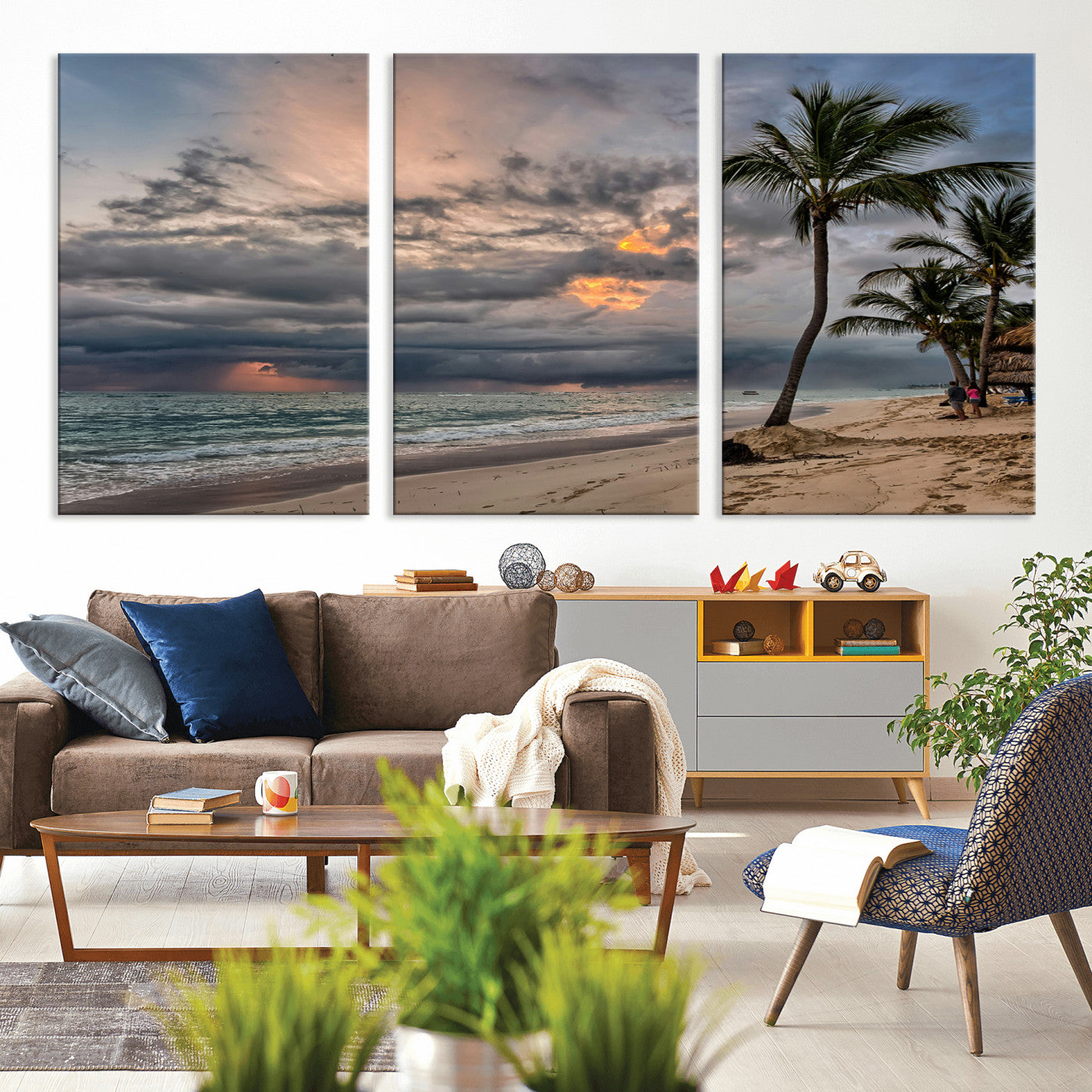 62574547-MGV-CV-36X24-Tropical Storm Wall Art Canvas Print, Framed Moody Beach Art Picture Print, Dramatic Sky Perfect Tropical Coastal Decor Artwork