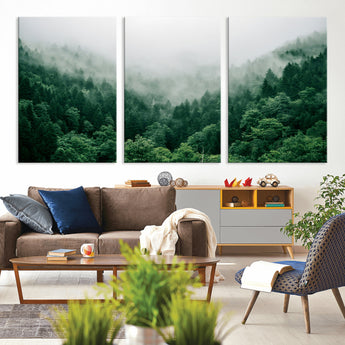 45265379-MGV-CV-36X24-Misty Forest Wall Art – Green Mountain Pine Tree Landscape Canvas Print, Nature Photography Artwork Home Decor for Bedroom, Living