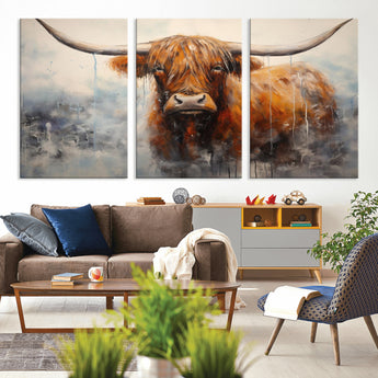 X61001-MGV-CV-36X24-Scottish Highland Wall Art Canvas Print, Framed Longhorn Art Picture Print, Western Cow Perfect Farmhouse Decor Artwork