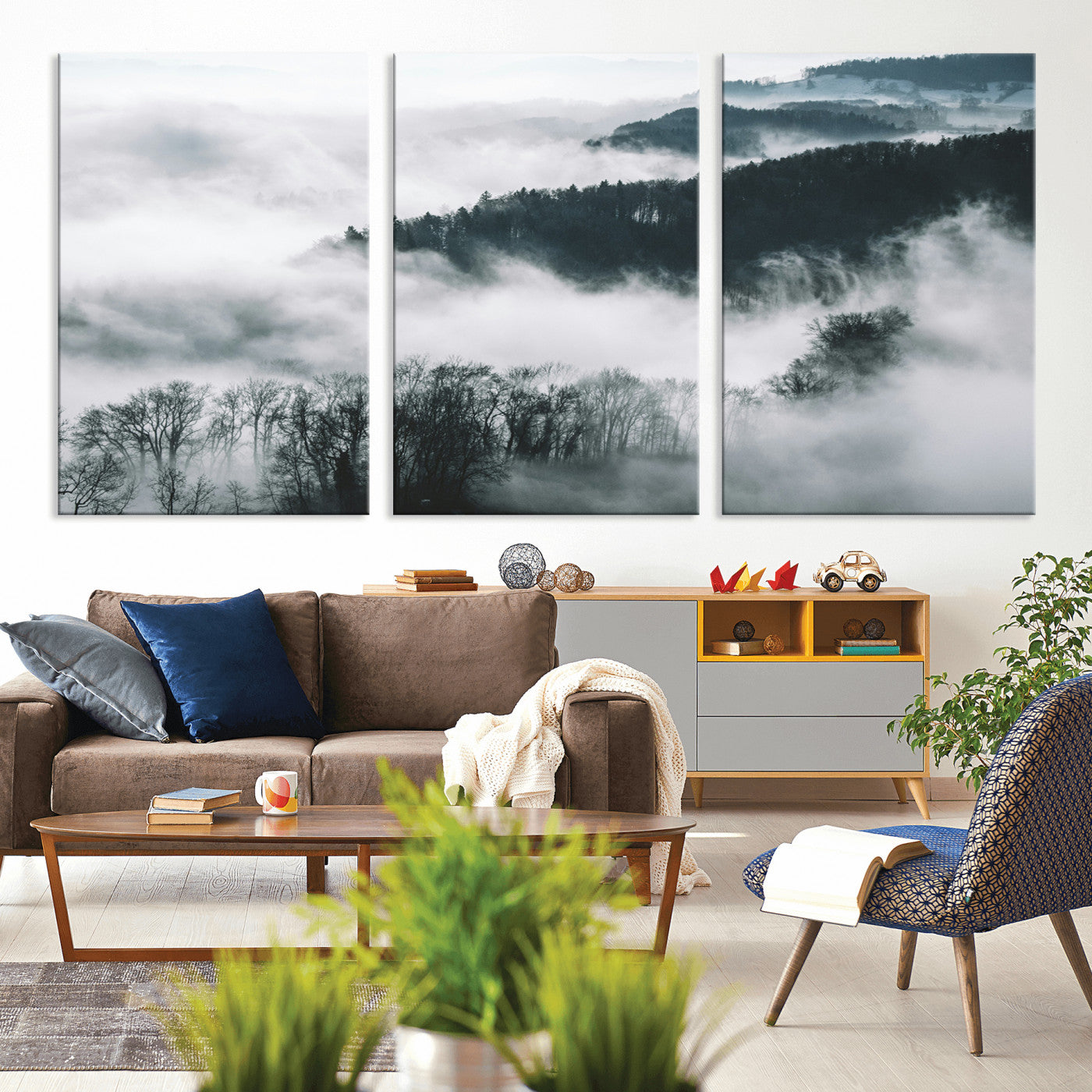 67569654-MGV-CV-36X24-Foggy Forest Wall Art – Mist Covered Hills and Trees Landscape Canvas Print, Moody Nature Photography Decor for Living Room,