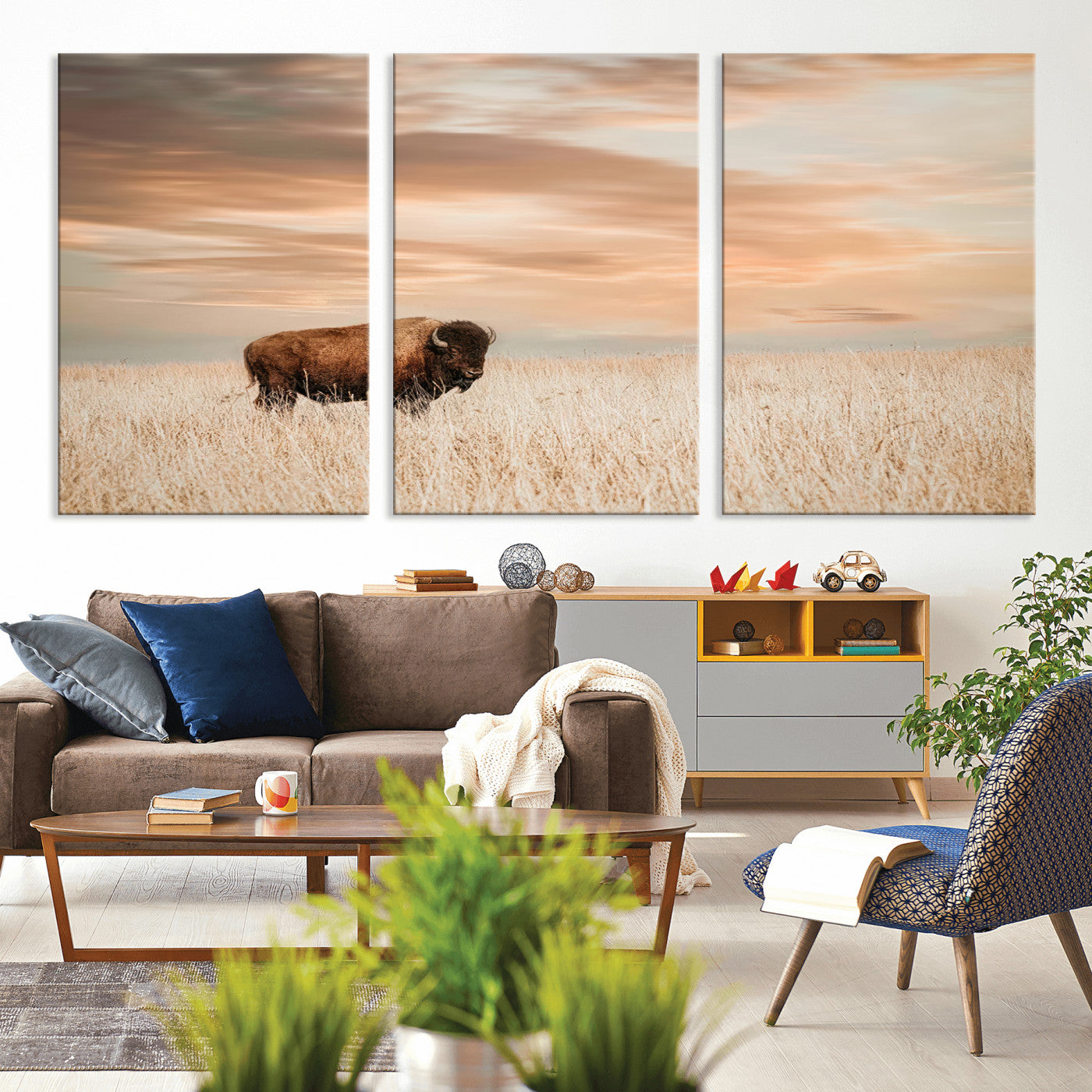 20306324-MGV-CV-36X24-Bison Wall Art – Lone American Buffalo Prairie Sunset Canvas Print, Rustic Western Wildlife Photography Decor for Living Room,