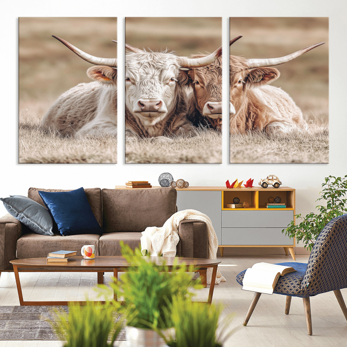 38651722-MGV-CV-36X24-Cow Wall Art – Rustic Longhorn Pair Canvas Print, Western Farmhouse Animal Painting, Country Ranch Decor for Living Room, Bedroom,
