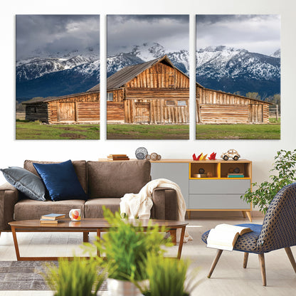 15173627-MGV-CV-36X24-Barn Wall Art – Rustic Wooden Cabin Canvas Print with Snowy Mountain Landscape, Western Farmhouse Country Decor for Living Room,