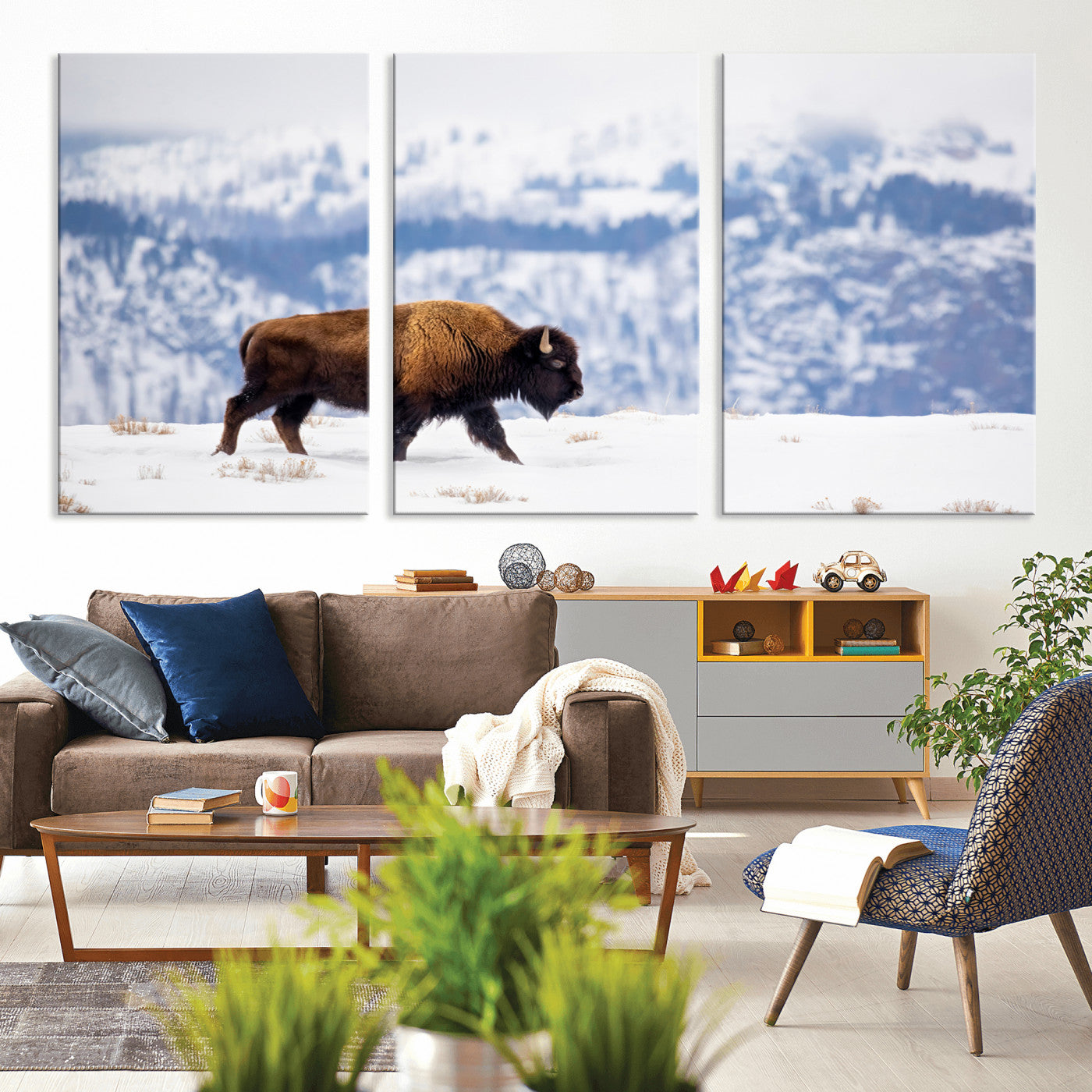 21623194-MGV-CV-36X24-Snow Bison Wall Art – Majestic Buffalo Wildlife Canvas Print, Winter Nature Décor for Rustic Living Room, Farmhouse, Cabin, Lodge