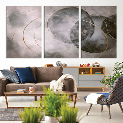 20066876-MGV-CV-36X24-Neutral Abstract Circle Wall Art – Modern Gray Beige Gold Canvas Print, Minimalist Geometric Painting for Bedroom, Living Room,
