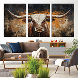 25265572-MGV-CV-36X24-Longhorn Bull Wall Art – Rustic Western Texas Steer Canvas Print, Textured Animal Painting for Home, Office, Man Cave or Farmhouse