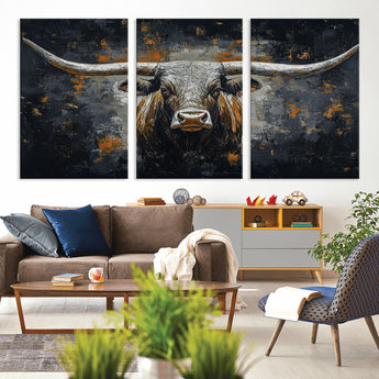 93195031-MGV-CV-36X24-Dark Longhorn Bull Wall Art – Western Steer Canvas Print, Moody Rustic Animal Painting for Man Cave, Ranch House, Office or Modern