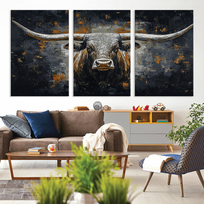 93195031-MGV-CV-36X24-Dark Longhorn Bull Wall Art – Western Steer Canvas Print, Moody Rustic Animal Painting for Man Cave, Ranch House, Office or Modern
