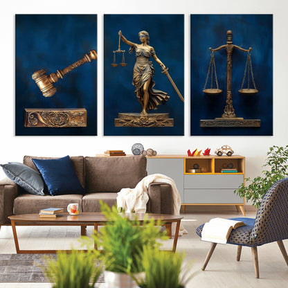 91629053-MGV-CV-36X24-Lady Justice Wall Art – Golden Gavel and Scales Canvas Print, Elegant Legal Office Decor for Lawyers, Judges, Courtroom or Study
