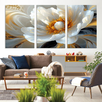 39604126-MGV-CV-36X24-Abstract Flower Wall Art – Elegant White and Gold Bloom Canvas Print, Modern Floral Artwork for Bedroom, Living Room, or Office