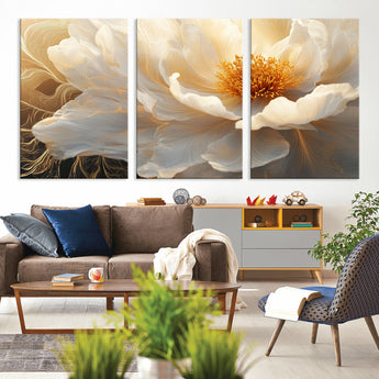 29539087-MGV-CV-36X24-Floral Wall Art – Elegant White and Gold Bloom Canvas Print, Romantic Modern Flower Artwork for Bedroom, Living Room, or Office