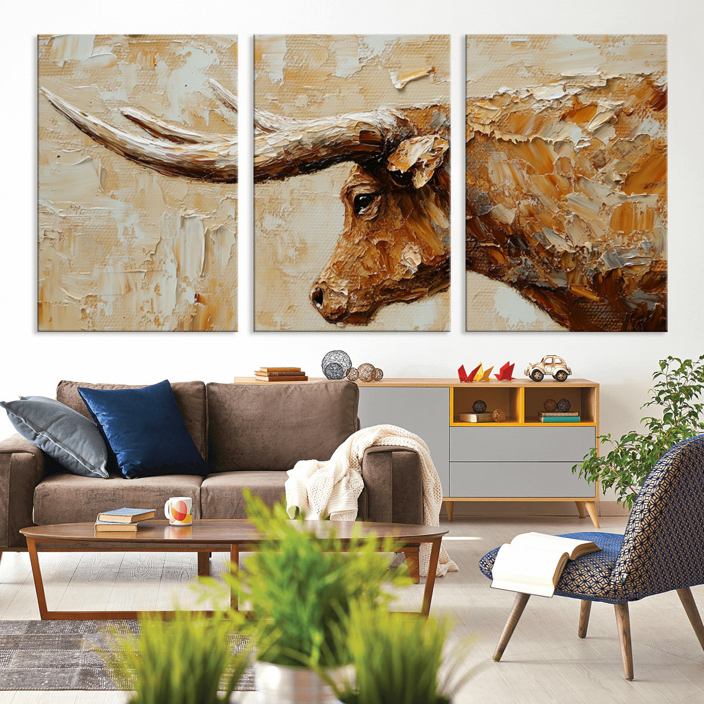 69611428-MGV-CV-36X24-Longhorn Bull Wall Art – Rustic Western Canvas Print, Textured Farmhouse Cattle Painting for Living Room, Office, or Ranch House