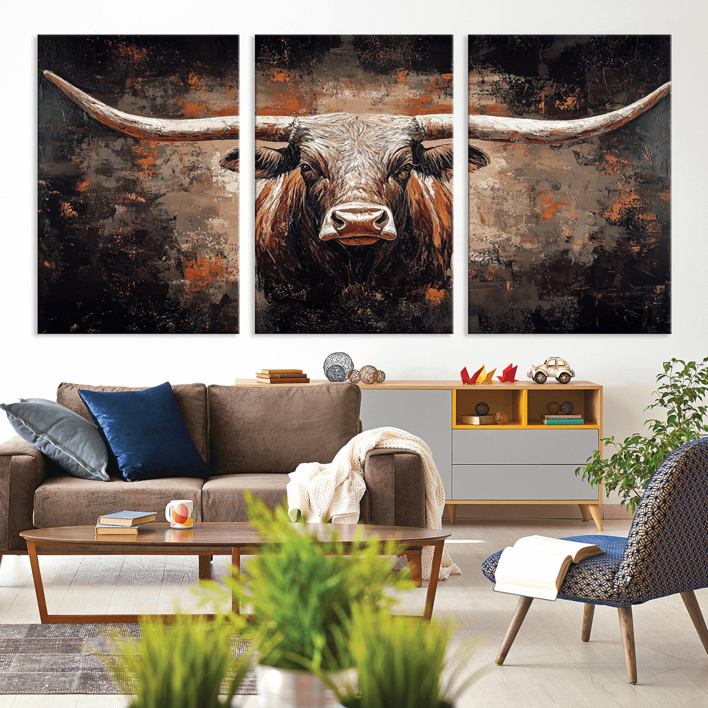 24779067-MGV-CV-36X24-Longhorn Bull Wall Art – Western Rustic Canvas Print, Bold Cowboy Cattle Painting for Ranch House, Farmhouse, Office, or Living