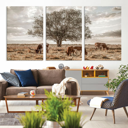 87590224-MGV-CV-36X24-Longhorn Cattle Wall Art – Rustic Western Landscape Canvas Print, Texas Farmhouse Prairie Scene for Living Room, Office, or Ranch