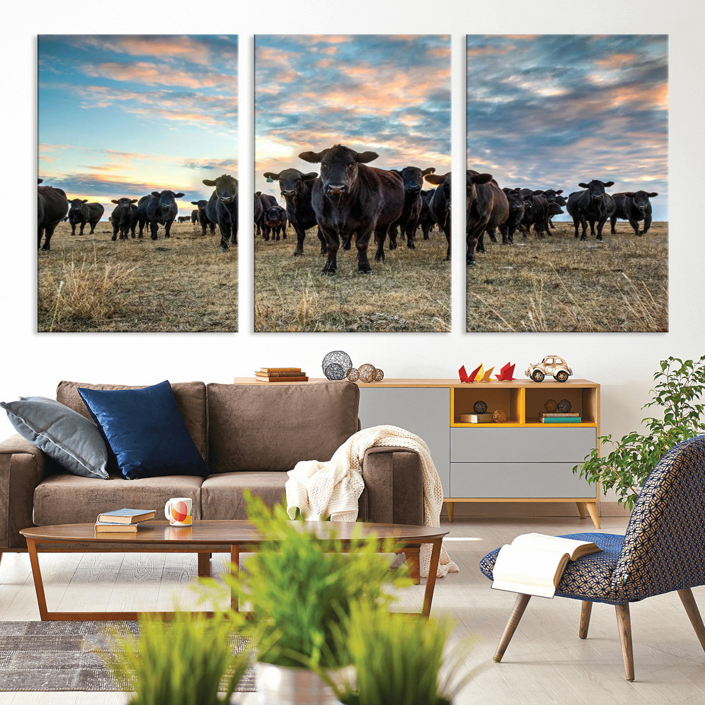 13867292-MGV-CV-36X24-Black Cattle Wall Art – Rustic Ranch Herd Canvas Print, Western Farmhouse Country Landscape Decor for Living Room, Office, or