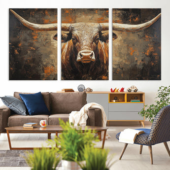 19204445-MGV-CV-36X24-Texas Longhorn Bull Wall Art – Rustic Western Canvas Print, Bold Cowboy Cattle Painting for Ranch House, Farmhouse, Office, or