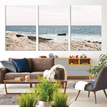 25481980-MGV-CV-36X24-Ocean Coastal Wall Art – Rocky Shoreline and Waves Canvas Print, Serene Beach Landscape Decor for Living Room, Bedroom, or Office