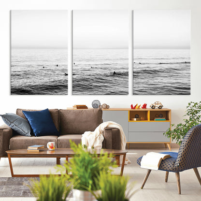 47208268-MGV-CV-36X24-Surfer Ocean Wall Art – Black and White Coastal Canvas Print, Minimalist Surfing Seascape Decor for Living Room, Bedroom, or Beach