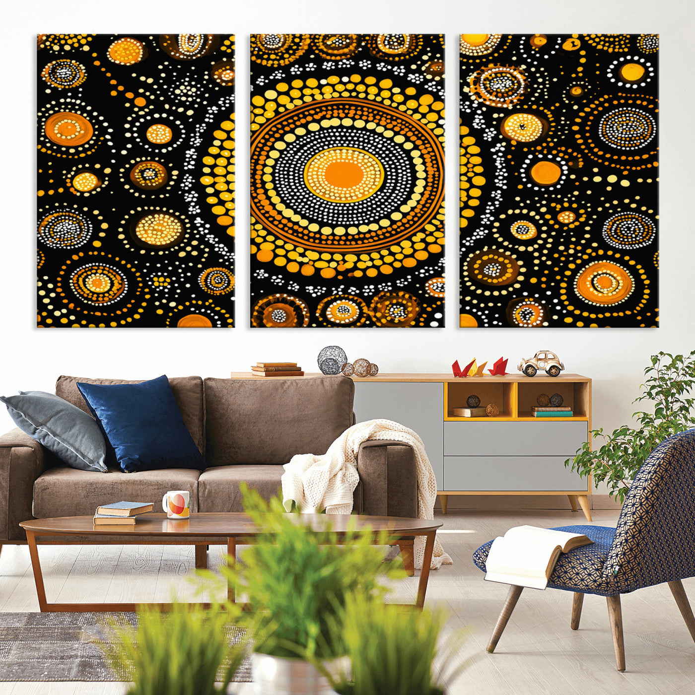 45478523-MGV-CV-60X30-3P-Abstract Circle Wall Art – Bold Black and Gold Dot Painting Canvas Print, Modern Geometric Mandala Style Decor for Living Room or