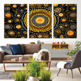 45478523-MGV-CV-60X30-3P-Abstract Circle Wall Art – Bold Black and Gold Dot Painting Canvas Print, Modern Geometric Mandala Style Decor for Living Room or