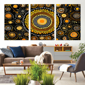 45478523-MGV-CV-60X30-3P-Abstract Circle Wall Art – Bold Black and Gold Dot Painting Canvas Print, Modern Geometric Mandala Style Decor for Living Room or